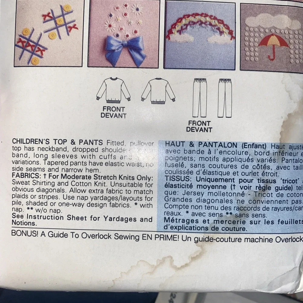 BUTTERICK 5912 CHILD SZ 4-6X Buttons & Bows TOPS & PANTS SEWING PATTERN ©1987